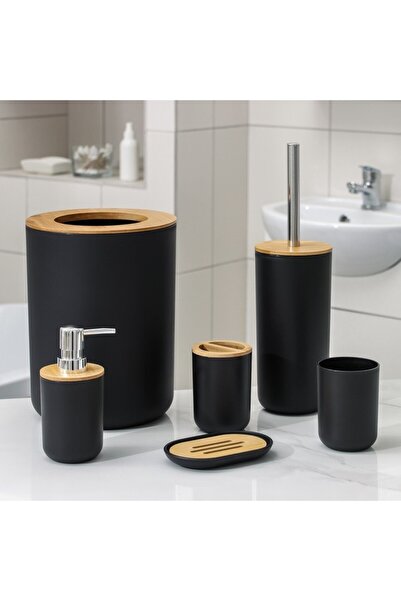JollyMag Set Elegant pentru baie format din 6 piese, ABS + lemn, culoare negr...