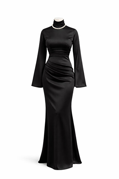 Tarzım Tuba Premium Siyah Zara Saten Drapeli İspanyol Kol Tesettür Abiye