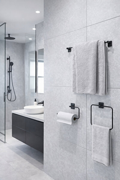 Alper Banyo طقم حمام جاسمين لاصق أسود مربع الشكل مكون من 3 قطع |   حامل مناشف...