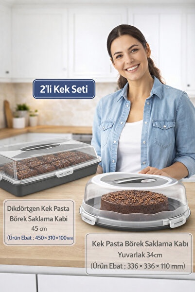 PONÇİK STORE 34cm Kek Pasta Börek Saklama Kabı & 45 Cm Kilitli Dikdörtgen Taş...