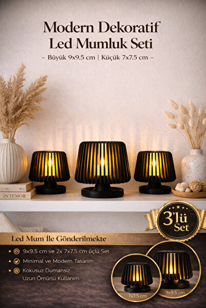 zulya 3’lü Siyah LED Mumluk Seti Modern Dekoratif Mumluk Hediyelik Şık Tasarı...