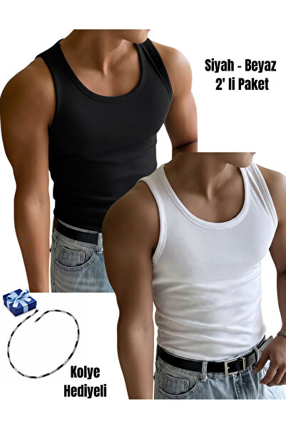 Riowela Men's Halter Neck Athlete Stretch Fabric Cotton Undershirt Black-Whit...