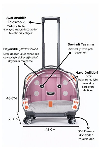 VİGİ STORE VG Şeffaf Tekerlekli ve Çekçekli Kedi Köpek Taşıma Valizi Büyük Model