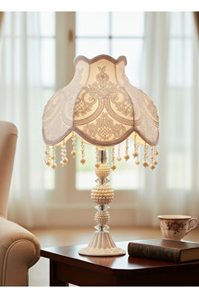 Dekovien Kadife Ve Fransız Güpürü Kaplı El Yapımı Klasik Model Abajur 50x30cm