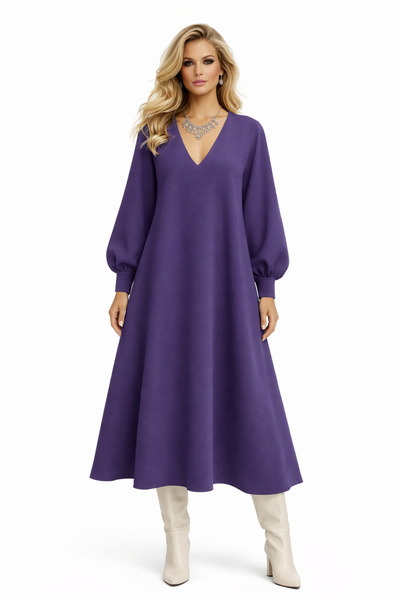 MERT ERKAN V-Yakalı & Balon Kollu, Yandan Yırtmaçlı Soft Mor Krep Midi Elbise