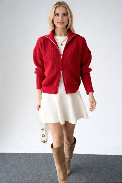 LOOSH Kadın Kırmızı Çift Fermuarlı Triko Hırka