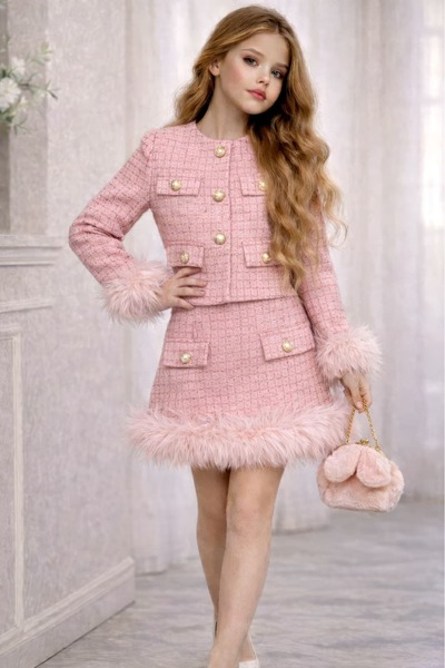 By Feyza Kids Collection Kız Çocuk Tweed Ceket-Etek & Çanta 3’lü Takım – Pelu...