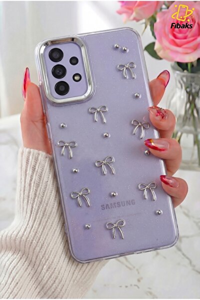 Fibaks حافظة لهاتف جالاكسي A13، غطاء لامع بنمط فيونكة وشفاف وفضي لامع مع غطاء...