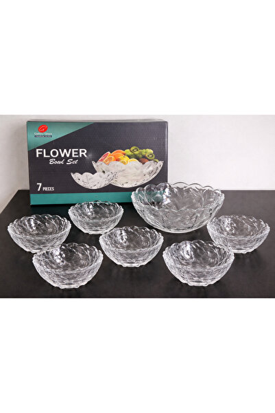 OEM Комплект от 7 стъклени купички с флорален мотив, голяма купа 23 см, 6 мал...