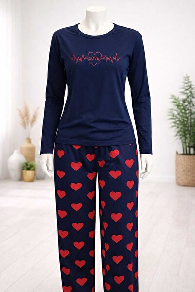 DEG RAHAT KADIN PİJAMA TAKIMI KALPLİ LACİVERT