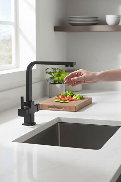 İSAOĞLU YAPI صنبور حوض المطبخ الأسود مع محرك مربع منقي مناسب لأجهزة التنقية ب...