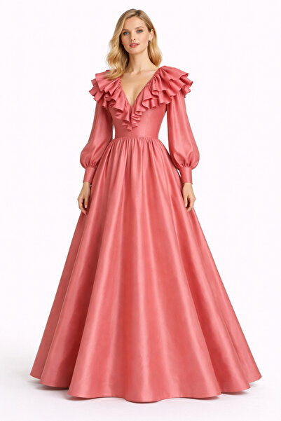 MERT ERKAN V-Yakalı & Fırfır Detaylı, Balon Kollu Tafta Maxi Elbise