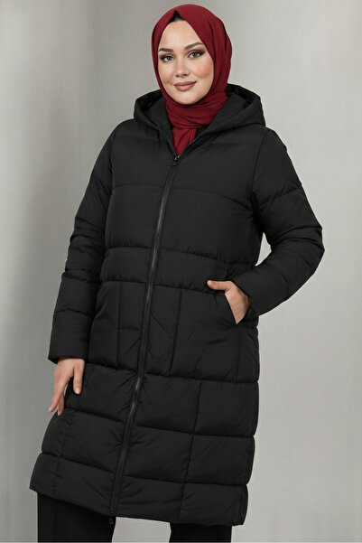 Aysan Moda Siyah Büyük Beden Battal Boy Kapüşonlu Şişme Uzun Tesettür Mont