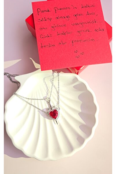 MİLUNXTE Kırmızı Kalp Taşlı ve Kılıç Uçlu Gümüş Renk Çelik Çift Kolye – Çelik...