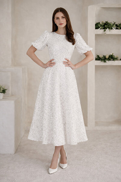 Elbee Fashion Woman Ekru Midi Boy Pul Payet Elbise