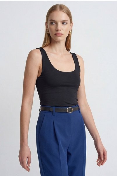 Qaju Round Neck Straps Athlete Bodysuit Satin Blouse -Black