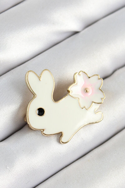 Skygo Gold Color Women's Brooch with Cream Rabbit Figure with Enamel Flower D...