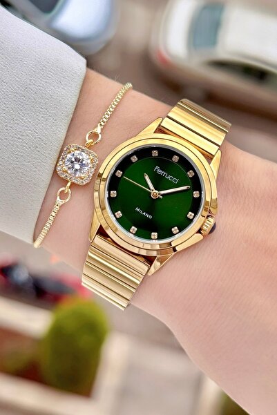 Ferrucci ساعة يد نسائية بسوار ذهبي اللون باللون الأخضر