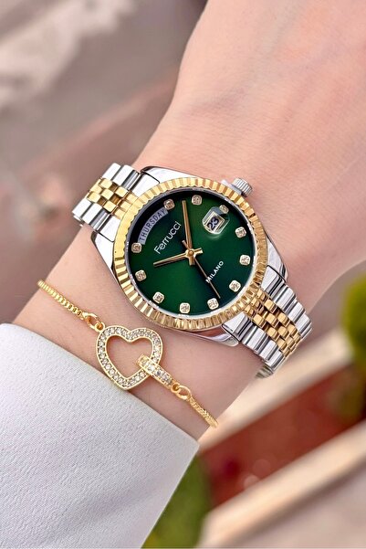 Ferrucci Dial Green Band Gold Gray Color Adjustable Band Calendar Women's Wri...