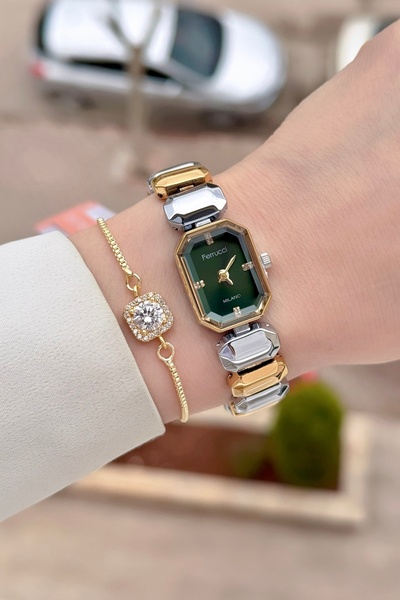 Ferrucci Women's Wristwatch and Bracelet with Dial Green Cord Gold Gray Color...