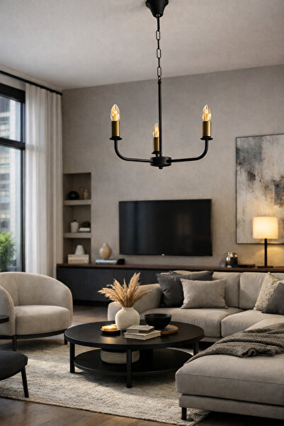 ONUR AVİZE Retro Moden Sade Salon Mutfak Yatak Odası Cesi Siyah Kollu 3'lü Avize