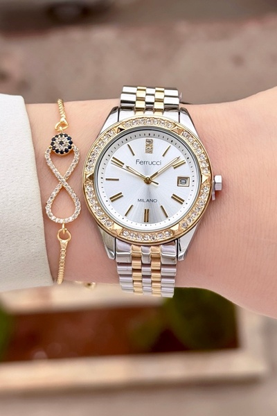 Ferrucci Sarı Silver Renk 24 Ay Garantili 34 Mm Kadın Kol Saati ve Bileklik