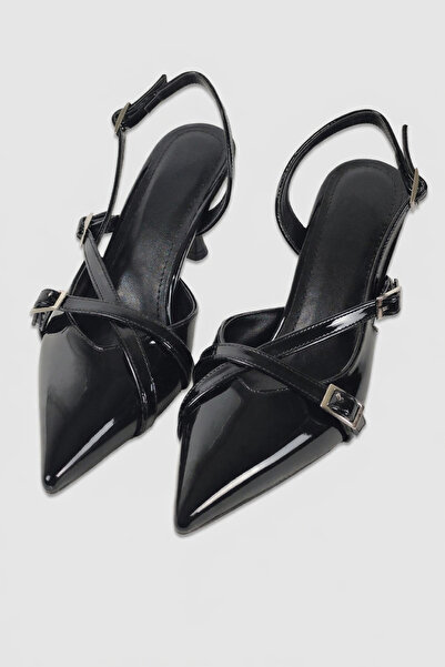 Miesse Black Patent Leather Pointed Toe Cross Buckle Women's Heeled Shoes