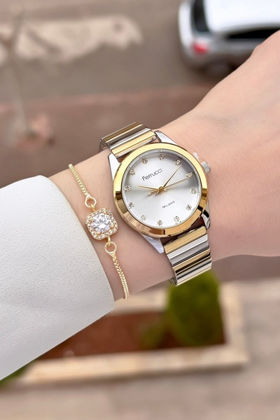 Ferrucci Gold Gray Color Adjustable Cord Women's Wrist Watch and Bracelet