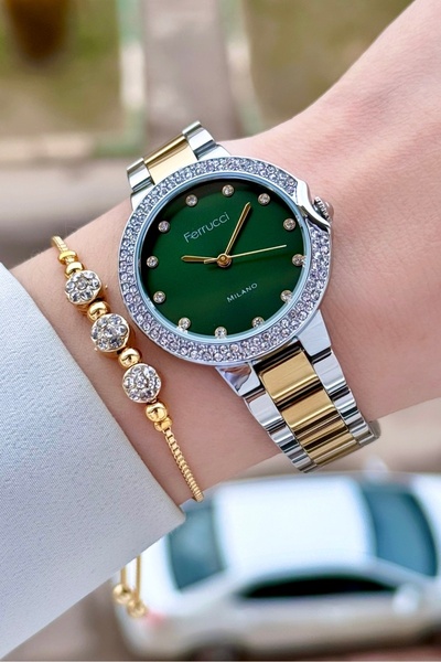 Ferrucci Green Cordon Gold Silver Color Women's Wristwatch and Bracelet