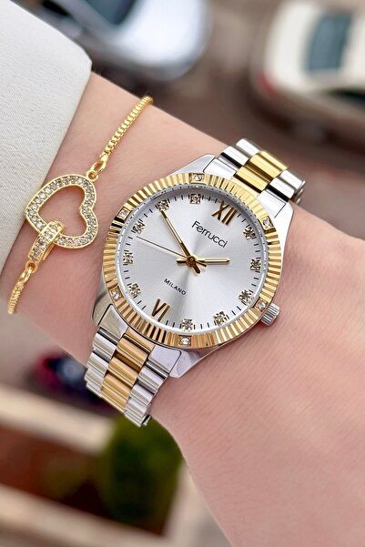 Ferrucci ساعة يد نسائية وسوار بلون ذهبي معدني