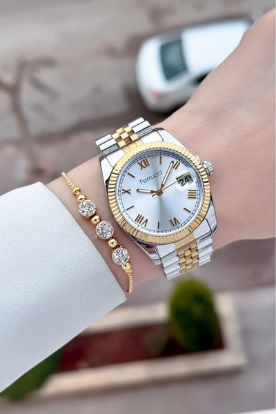 Ferrucci Gold Gray Color Adjustable Cord Women's Wrist Watch and Bracelet