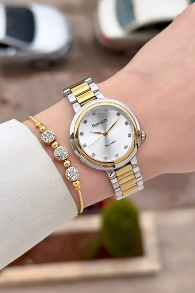 Ferrucci Gold Gray Color Adjustable Cord Women's Wrist Watch and Bracelet