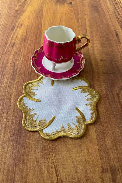 NAKIŞHAN Set de 6 șervețele de prezentare din in brodat special, culoare cafea, șervețele pentru cocktail cafea - auriu
