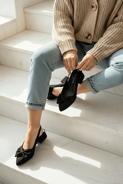 DİVOLYA Fita Bowknot Black Suede (4 cm Heel) Pointed Toe Heeled Shoes