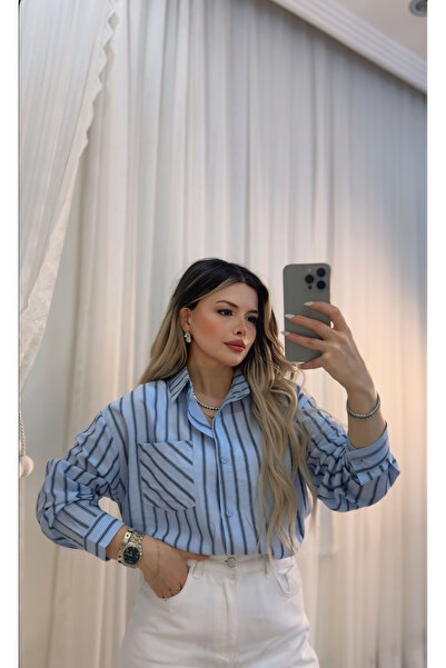 DENİZ Simli Çizgili Cepli Gömlek