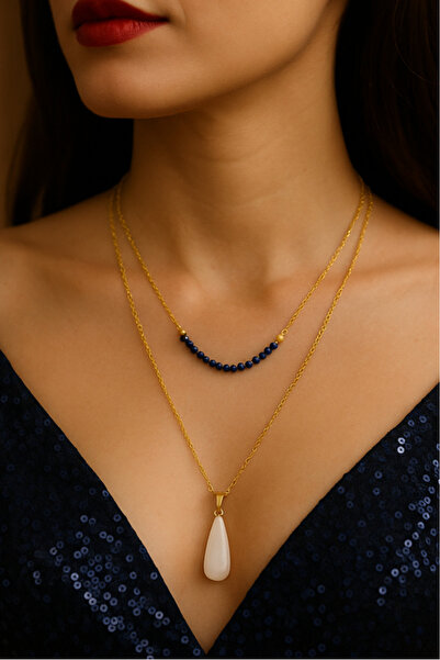 OCEANDESING Özel Tasarım Orijinal Safir Taşlı Gold Çelik Zincir Kolye Seti