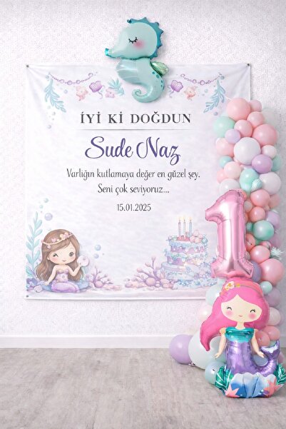 BKMC PARTY İsme Özel Deniz Kızı & Deniz Atı Temalı Premium Doğum Günü Parti S...