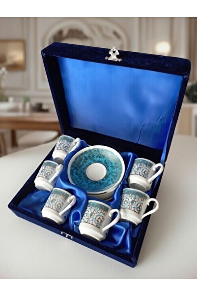 Nihal Süeda Velvet Boxed - Set of Six Porcelain Cups, Gold Gilded Special Pat...