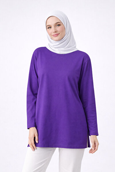 mirach Mor Pamuk Penye Tunik Uzun Kollu Bluz Tişört Üst