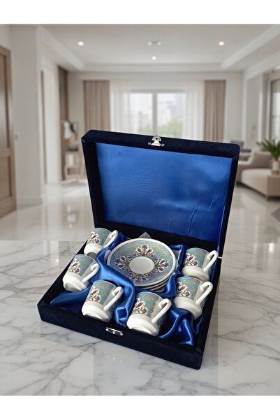 Nihal Süeda طقم أكواب بورسلين مخملية موديل تركواز - ستة قطع مذهبة