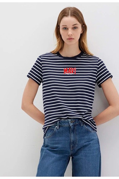 Mavi M16113562 Logo Printed Stripes T-Shirt Women's T-Shirt Dark Blue