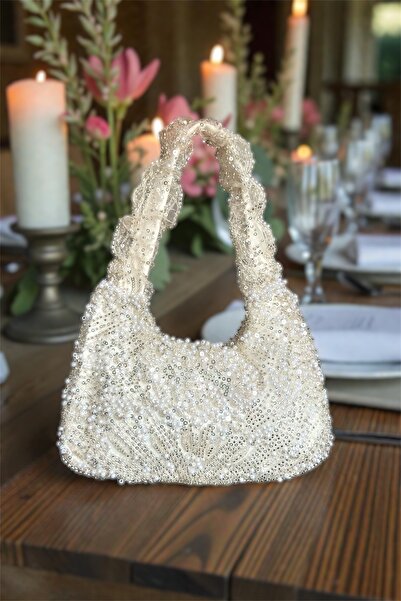 vesperatr Tasarım boncuklu incili abiye nikah el çantası
