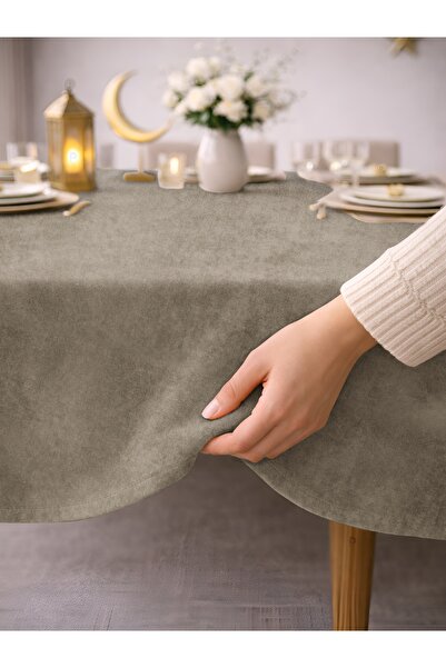 Perle Daily Series Kadife Dokulu Taş Rengi Masa Örtüsü