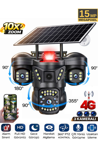 SONREİR RX66G Solar Güvenlik Kamerası Türkçe 4G Sim Kartlı PTZ Hareketli Gece...