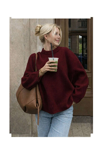 FlosTeel Kadın Bordo Bisiklet Yaka Triko Kazak