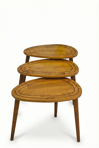 BAUPOR Doğal Ahşap Zigon Sehpa, Masif 3'lü Set, Modern Masif Yan Sehpa