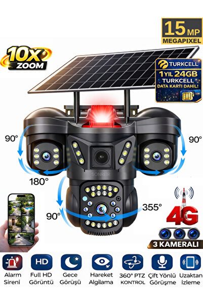 SONREİR RX66G 3 Kameralı 4G Sim Kartlı Solar Güvenlik Kamerası Dış Mekan Gece...