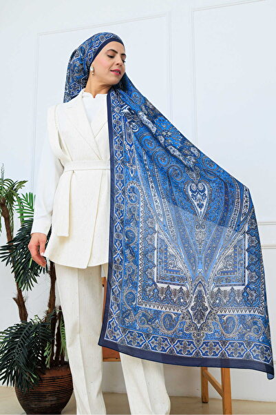 aldyoo Retro Etnik Desen Pamuk Şal Lacivert (70X180CM)