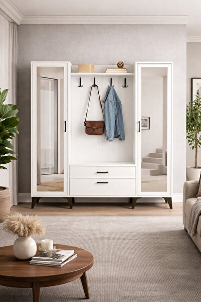 Moderniya Mobilya Lotus 2 (İKİ) Kapılı Beyaz Aynalı Kapaklı Elbise Askılığı, ...