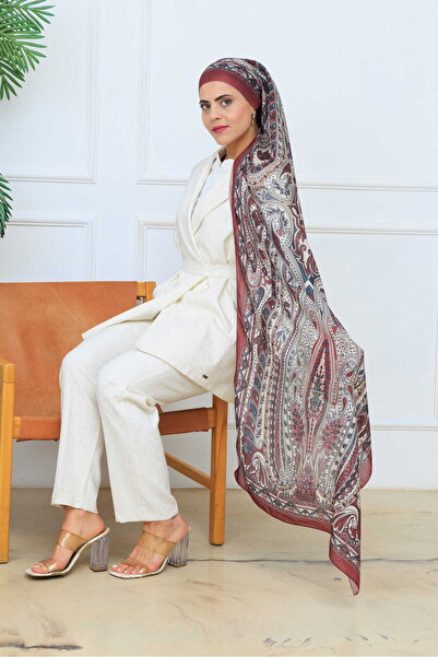 aldyoo Retro Etnik Desen Pamuk Viskon Şal Bordo Gri